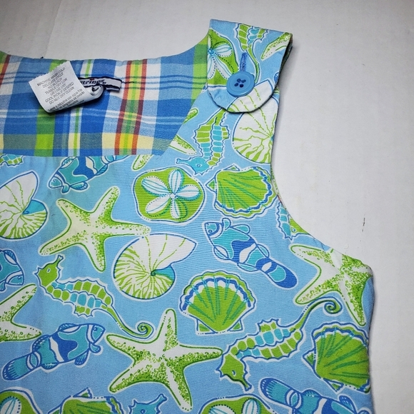 Heartstrings, nautical Dress Blue and Green Starfish/reversible  plaid Sz 4 - Picture 3 of 10